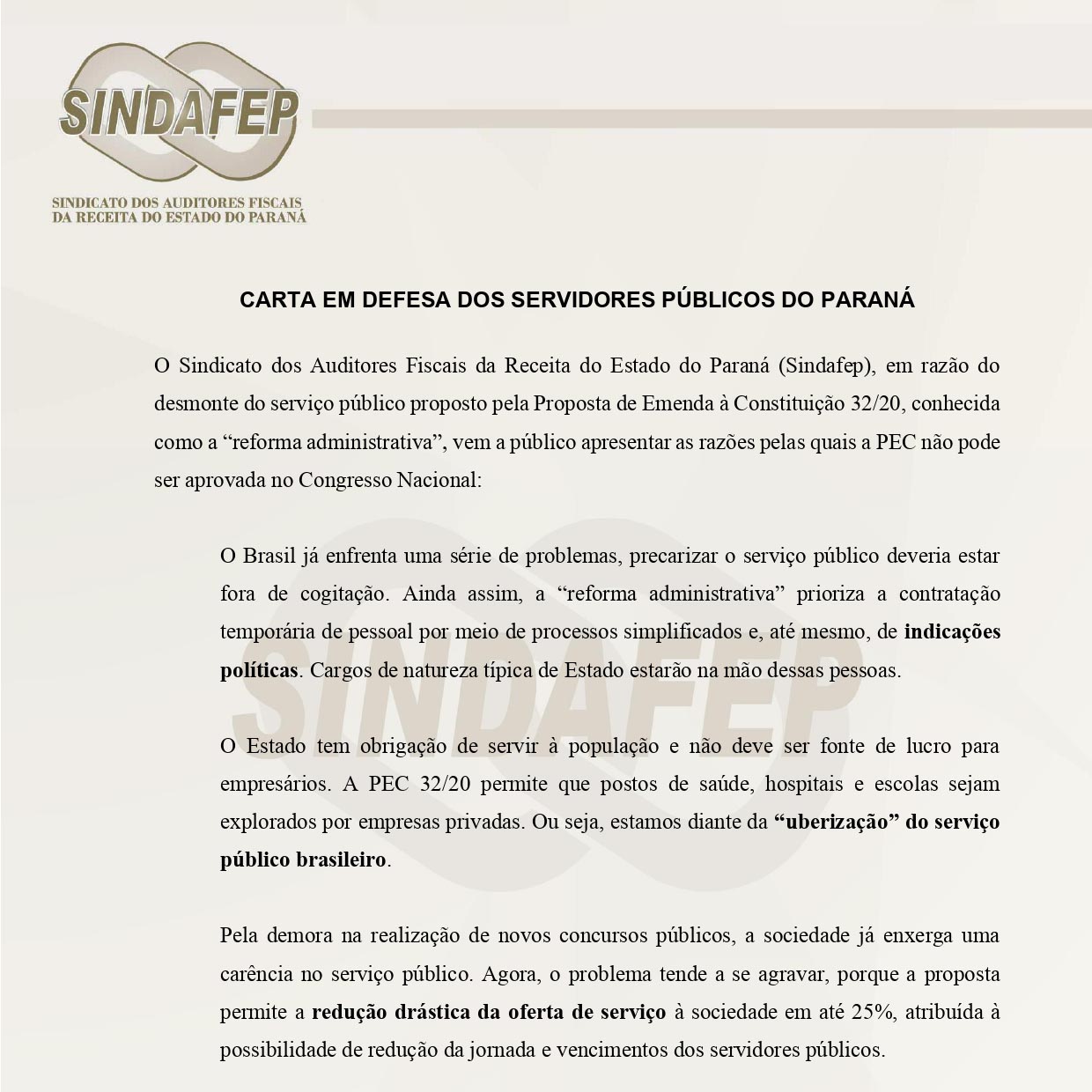 Outros - Carta em Defesa dos Servidores Públicos do Paraná