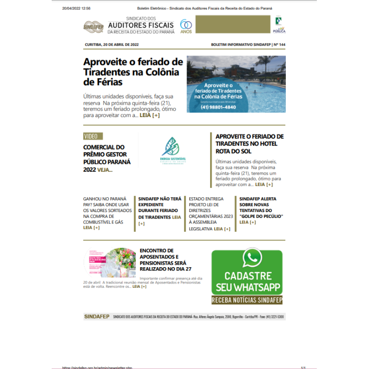 Boletim Informativo - Edição n° 144 - 20/04/2022