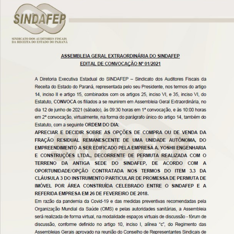 Edital - Assembleia Geral Extraordinária do Sindafep - Edital de Convocação nº1/2021