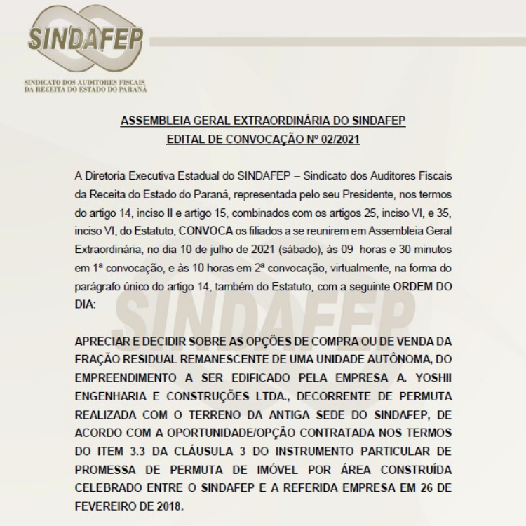 Edital - Assembleia Geral Extraordinária do Sindafep - Edital de Convocação nº2/2021